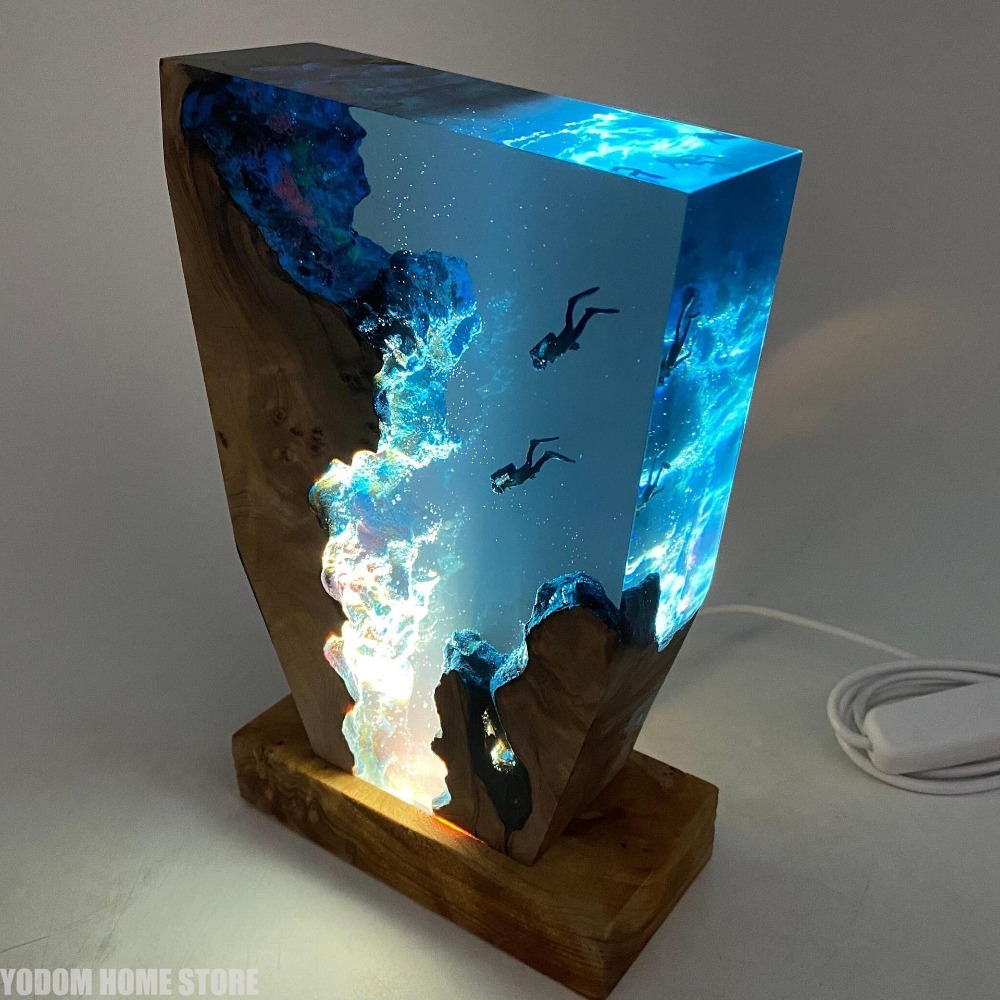 Resin Art World - โคมไฟเรซิ่นรูปสิ่งมีชีวิตใต้ทะเล ดีไซน์สร้างสรรค์ ตกแต่งบ้าน โคมไฟธีมสำรวจถ้ำดำน้ำ ไฟกลางคืน ชาร์จ