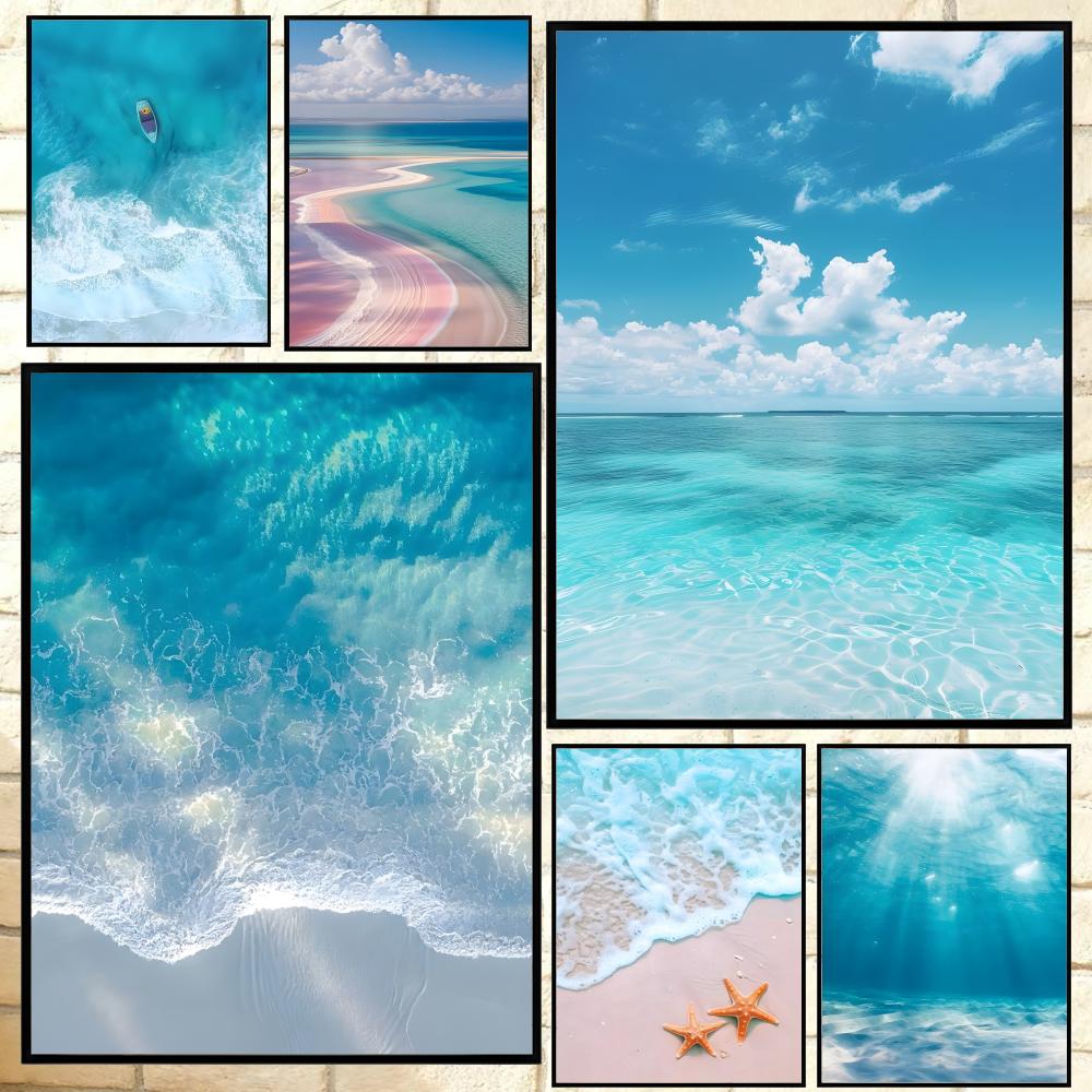 Resin Art Beach Theme - โปสเตอร์คลื่นทะเลชายหาดธีมคลาสสิก งานศิลปะติดผนังกันน้ำ HD อเนกประสงค์ ติดตั้งง่ายด้วยกาวในตัว เหมาะสำหรับทุกพื้นที่