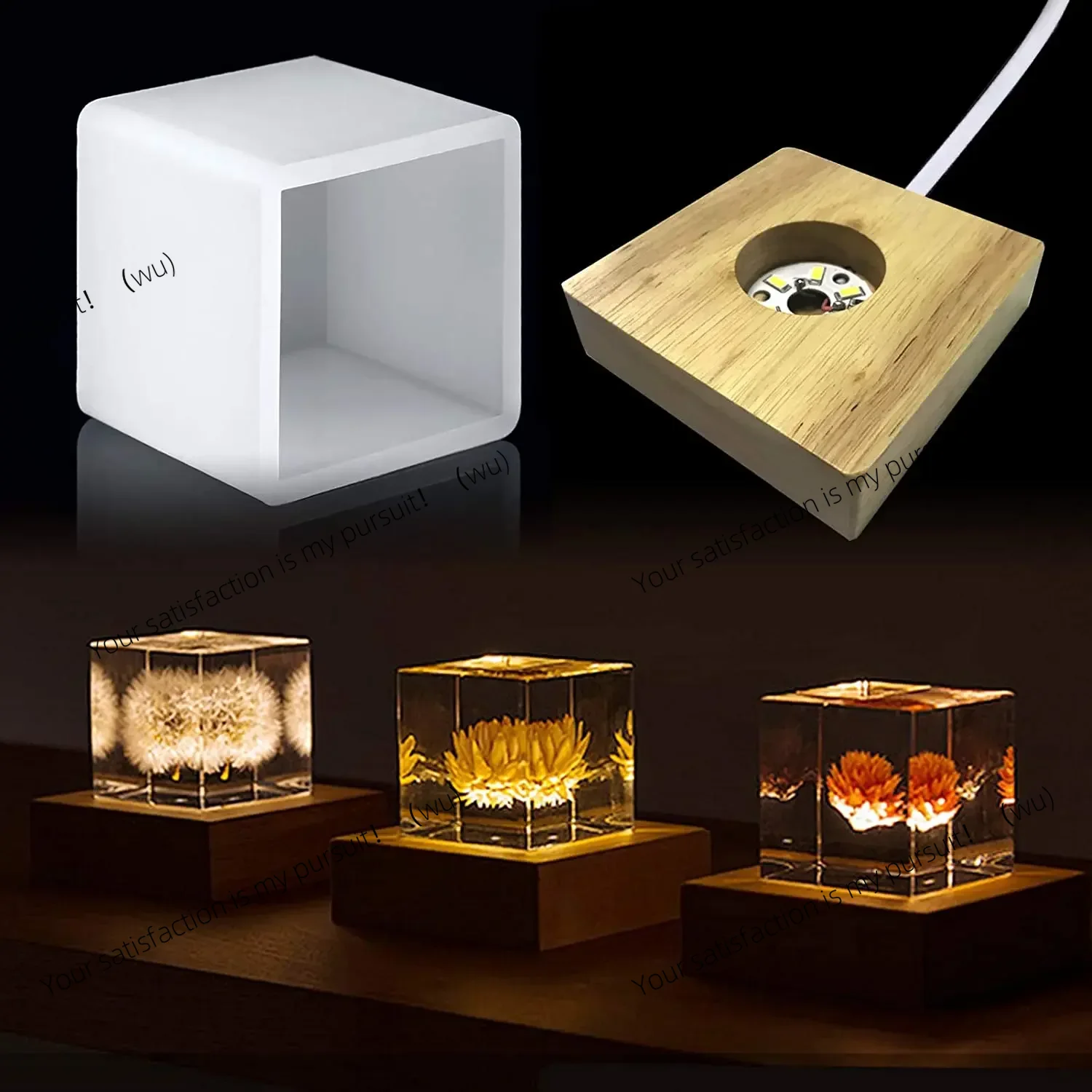 Resin Art With Wood - แม่พิมพ์เรซิ่นทรงสี่เหลี่ยม, แม่พิมพ์ซิลิโคนสำหรับเรซิ่นแบบมีไฟ, แม่พิมพ์ซิลิโคนเรซิ่นพร้อมฐานไม้ตั้งไฟสำหรับงานศิลปะเรซิ่น