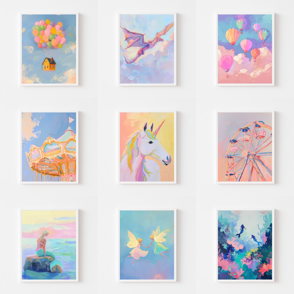 Resin Art World - โปสเตอร์ศิลปะติดผนังสีพาสเทลแสนวิเศษ ภาพวาดเพชรโลกแห่งเทพนิยาย ห้องเด็กเล่นแสนสนุก ภาพพิมพ์สำหรับตกแต่งห้องเด็ก ห้องนอน หรือบ้าน