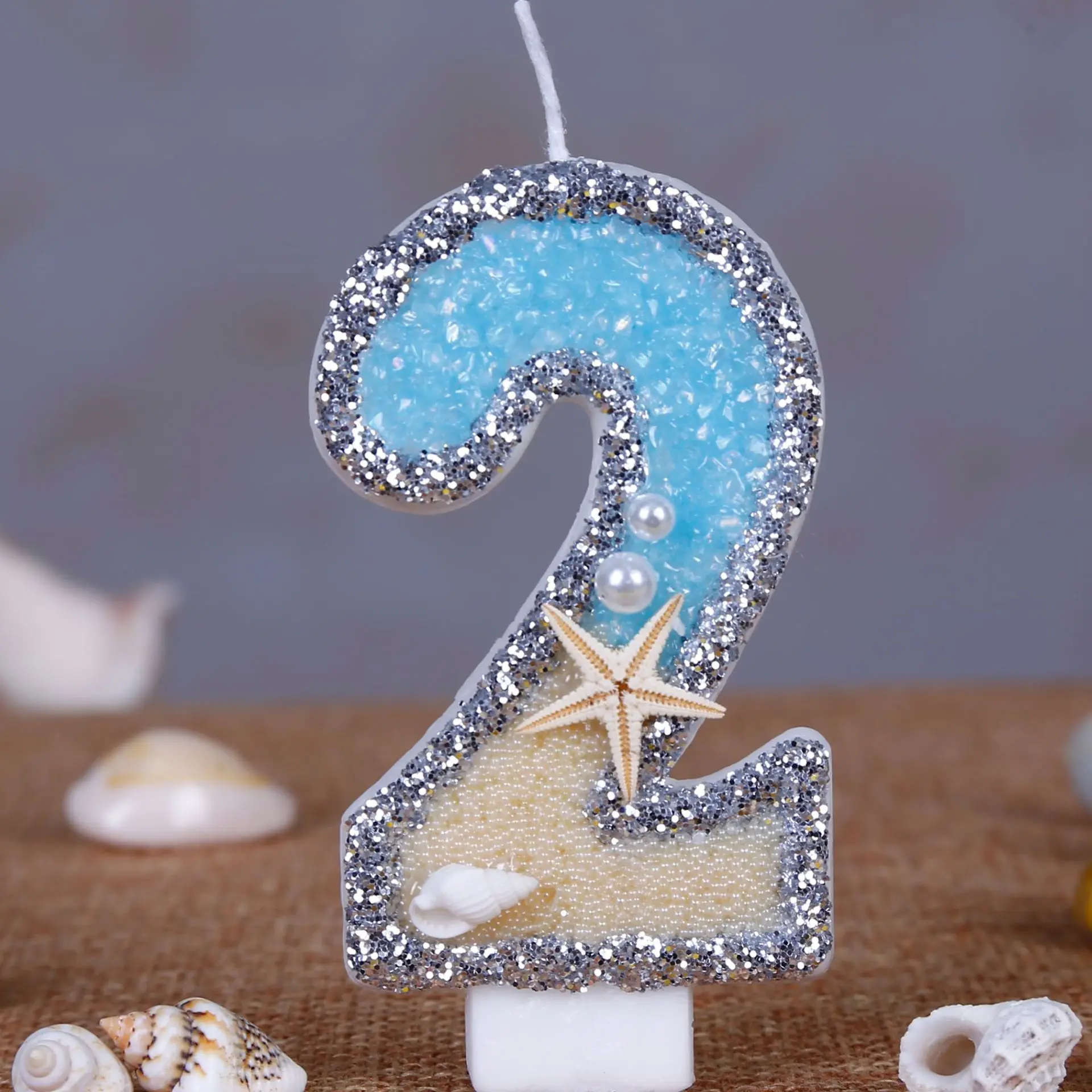 Resin Art Beach Theme - 0-9 หมายเลข Glitter เทียนฤดูร้อนชายหาดปลาดาวเค้กวันเกิดตกแต่งเทียน Ocean ปาร์ตี้ตกแต่งเค้ก