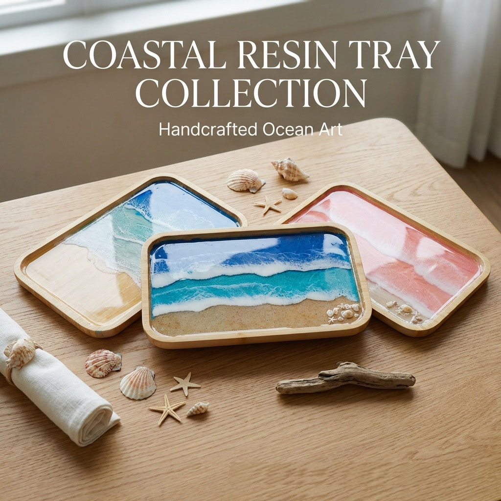 Resin Art With Wood - ถาดตกแต่งงานศิลปะเรซิ่นอีพ็อกซี่ลายมหาสมุทร สำหรับโต๊ะกาแฟ โต๊ะอาหาร เคาน์เตอร์ ถาดไม้เสิร์ฟอาหาร ตกแต่งห้องครัว