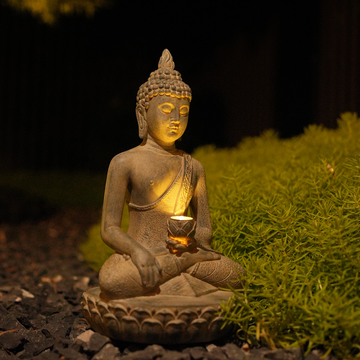 Resin Art India - รูปปั้นพระพุทธรูปพลังงานแสงอาทิตย์ที่ได้รับแรงบันดาลใจจากเซนพร้อมสวนเรซินเบาและของตกแต่งทางเข้าภายนอก