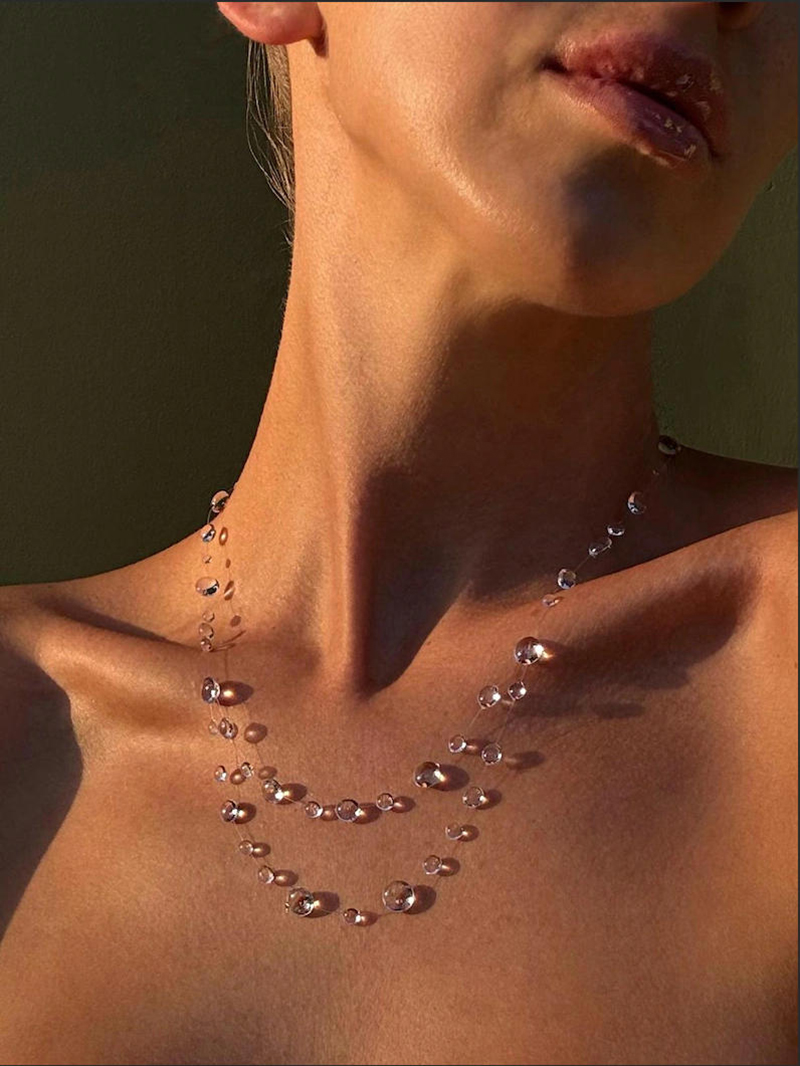 Resin Art Necklace - WJFH-ARTS สร้อยคอสองชั้นแบบหรูหราเบาบาง ประดับหยดน้ำใสหลายเม็ดทรงกลมแบน สำหรับผู้หญิง สร้อยคอที่ดูสง่างามและโรแมนติก