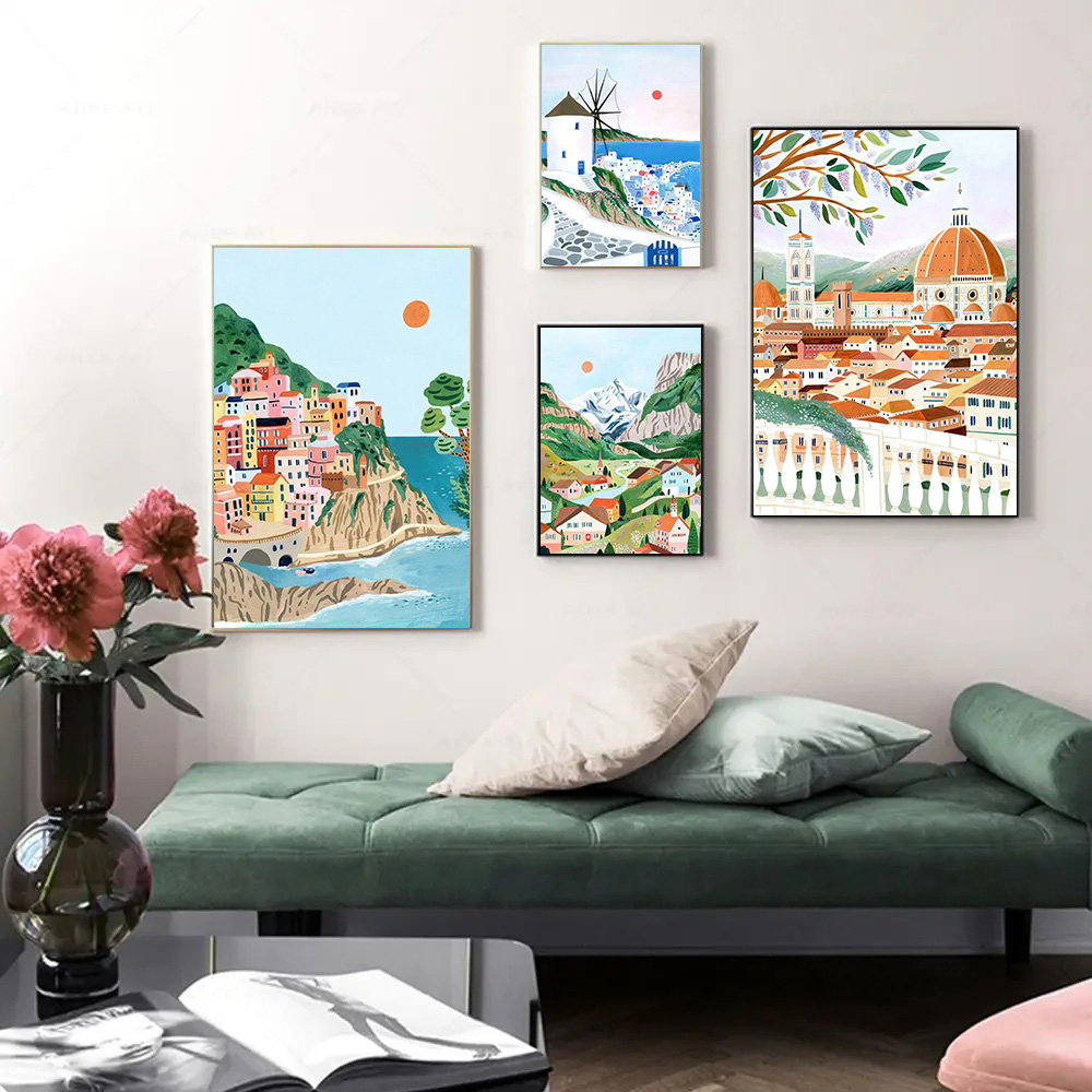 Resin Art World - เมืองท่องเที่ยวระดับโลกโปสเตอร์ภูมิทัศน์กรีซอิตาลีฟลอเรนซ์ปารีสฝรั่งเศสภาพพิมพ์เพชรภาพวาดศิลปะติดผนังห้องนั่งเล่นตกแต่งบ้าน